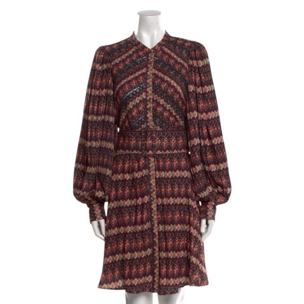 ByTimo Boho Printed Mini Dress Brown-Purple Long Sleeve Pleated Romantic Medium